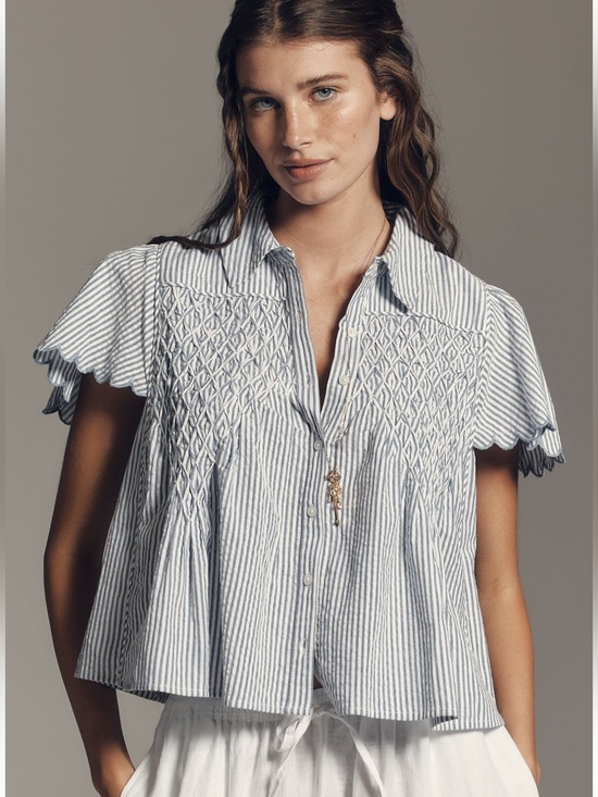 Anthropologie Tops - Anthropologie Maeve scalloped swing top blue stripe nwt small